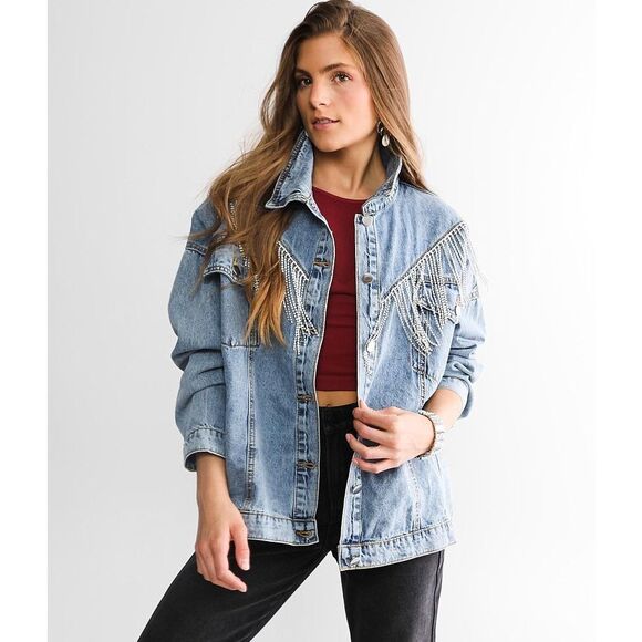 NWT Buckle | Verevert Rhinestone Fringe Denim Jacket size Large - Picture 2 of 10